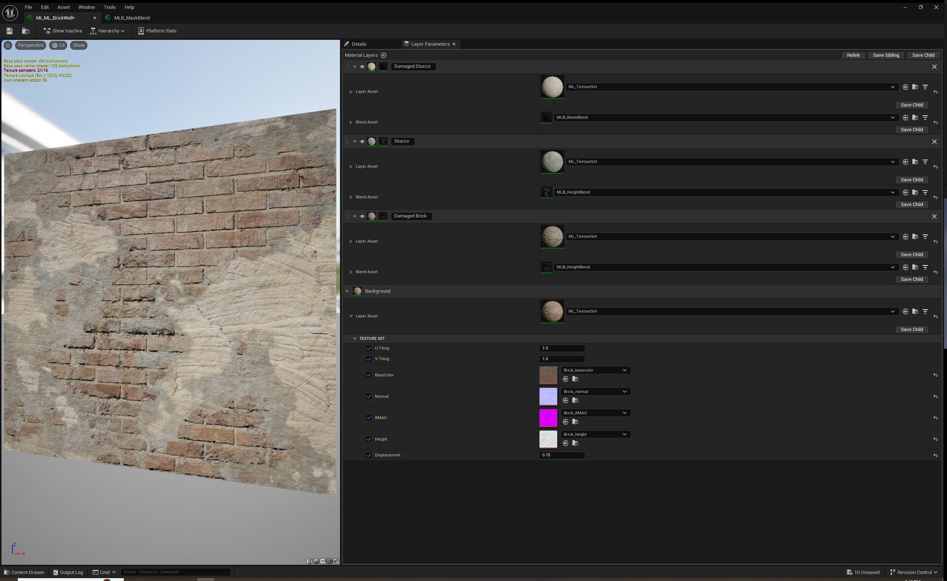 Brick/Stucco Wall Blend: This is the material layer UI. You use a Material Layer asset that is blended with the layers below it based on the Material Layer Blend ass