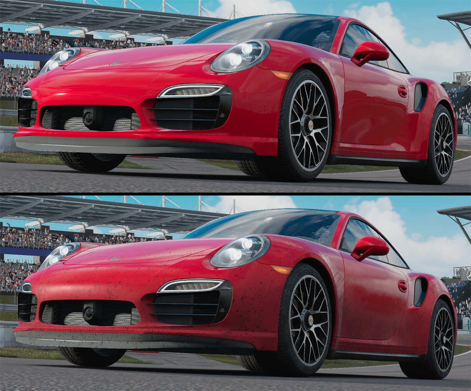 Forza Motorsport 7: Dirt/Dust that accumulates on the car as you drive. This effect is all driven by gameplay parameters in the shader.