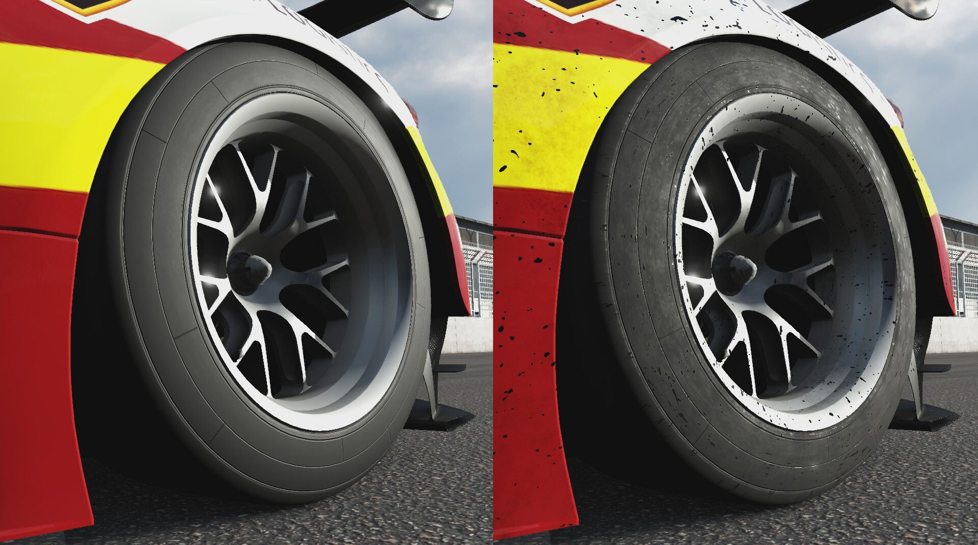 Forza Motorsport 7: Tire Work (Race Car) - When the car is dirtied the tires material properties are worn and altered.
