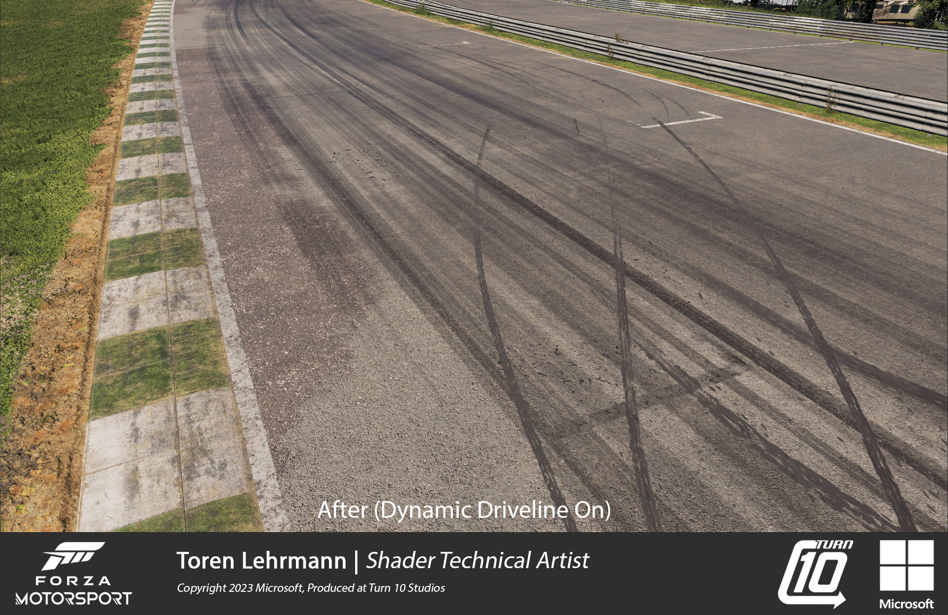 Forza Motorsport - Technical Art & Look Development: Roads had a dynamic "rubbering" component that would alter the track after cars had completed many laps. This shows a before and after of th