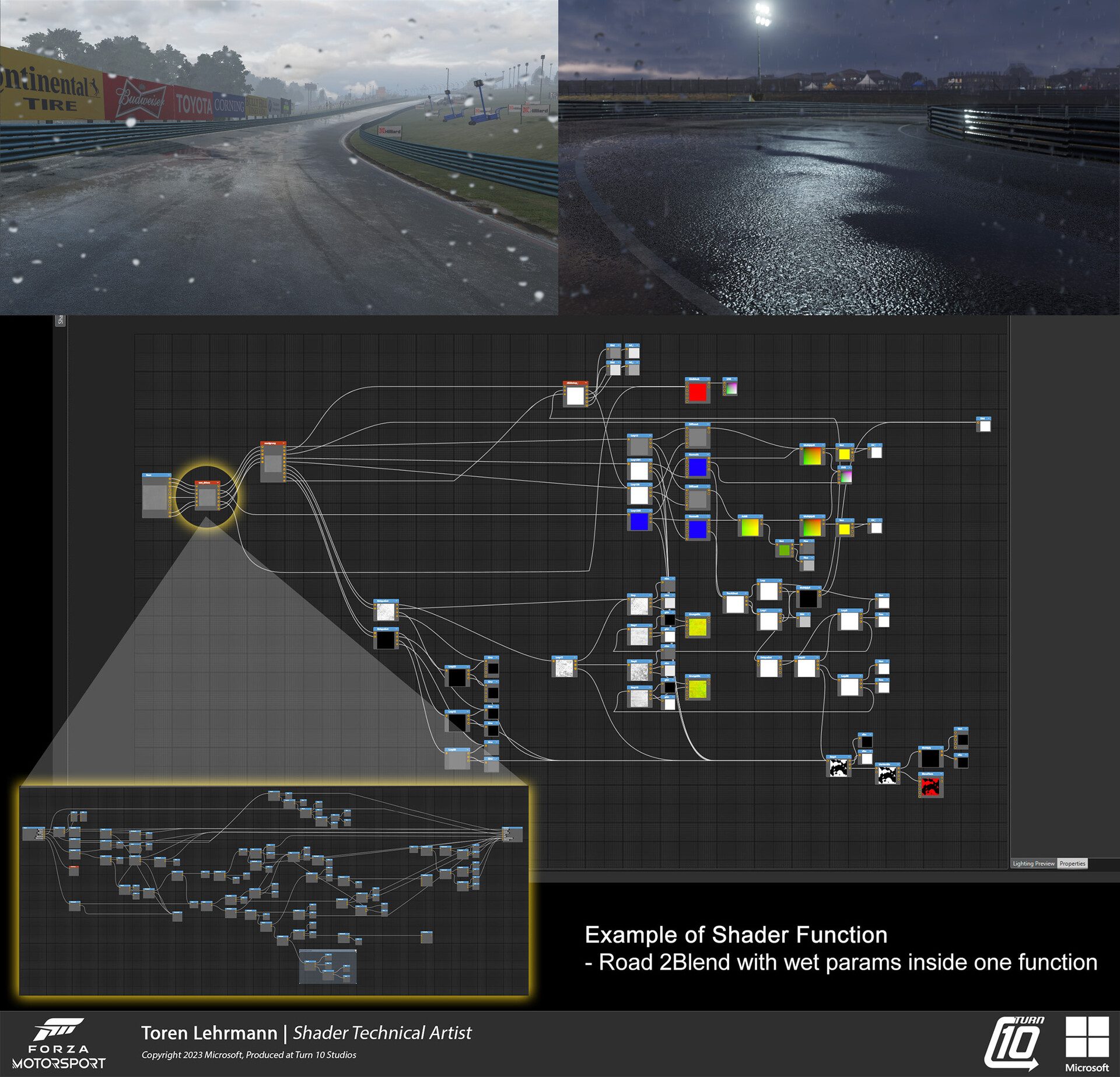 Forza Motorsport - Technical Art & Look Development: Wet roads from dynamic weather were a big team effort and tweaking the look was an ongoing and iterative process. This shows some road wetne