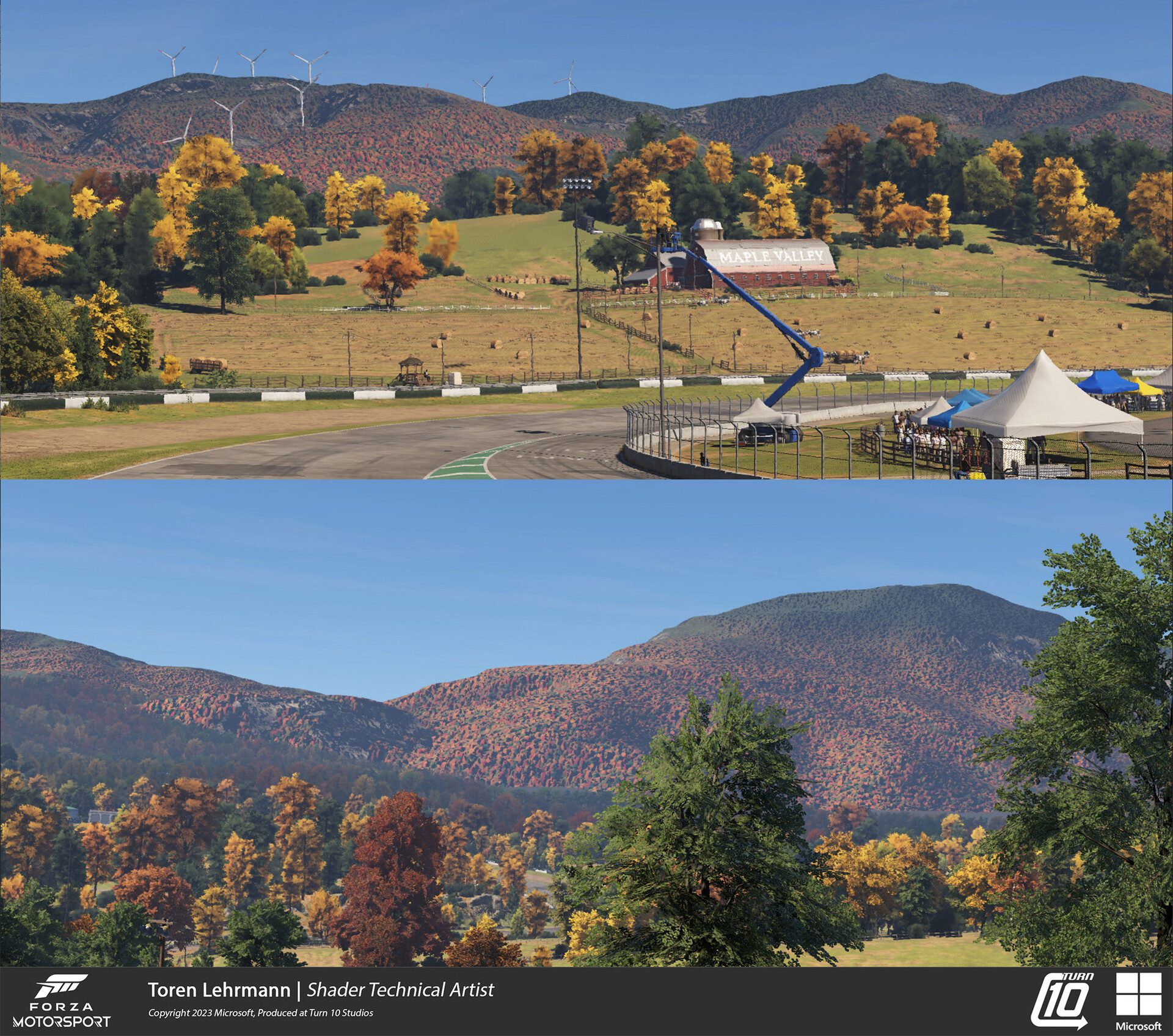 Forza Motorsport - Technical Art & Look Development: Distant mountain tree shader. It uses cone step mapping to give the impression of a dense forest on the far terrain areas.