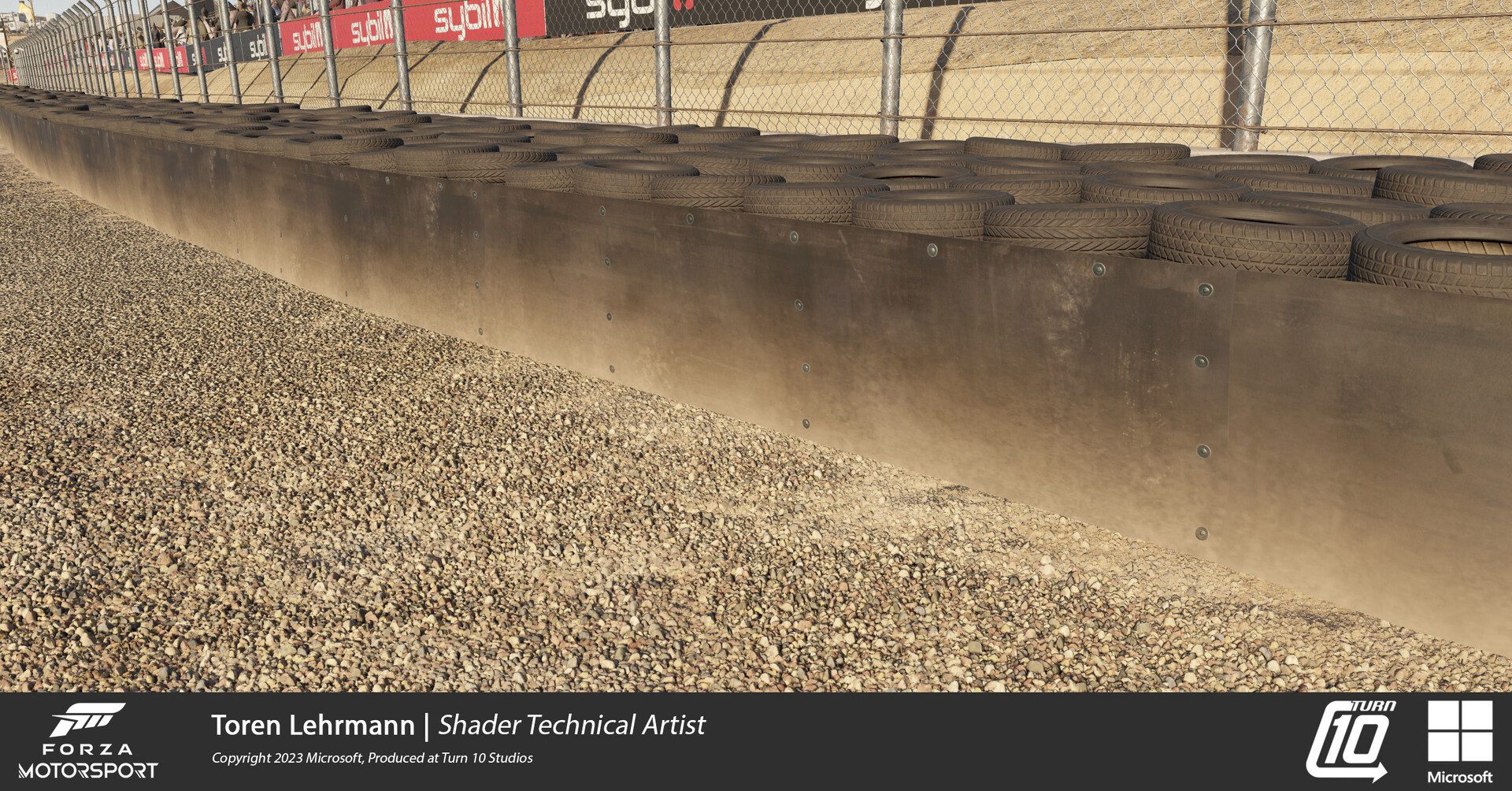 Forza Motorsport - Technical Art & Look Development: Many team members worked on barriers. This is an example of the end result of the previous photogrammetry example making it to game and the 