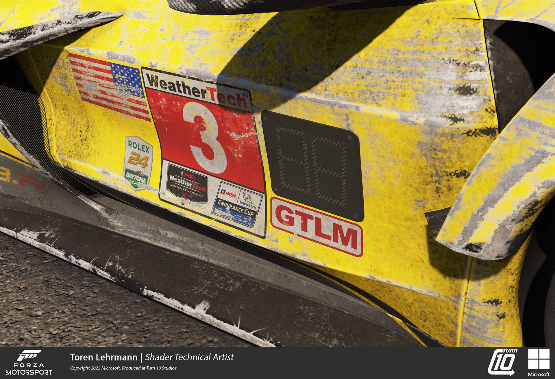 Forza Motorsport - Technical Art & Look Development: Close up on dirt and scrape in action.