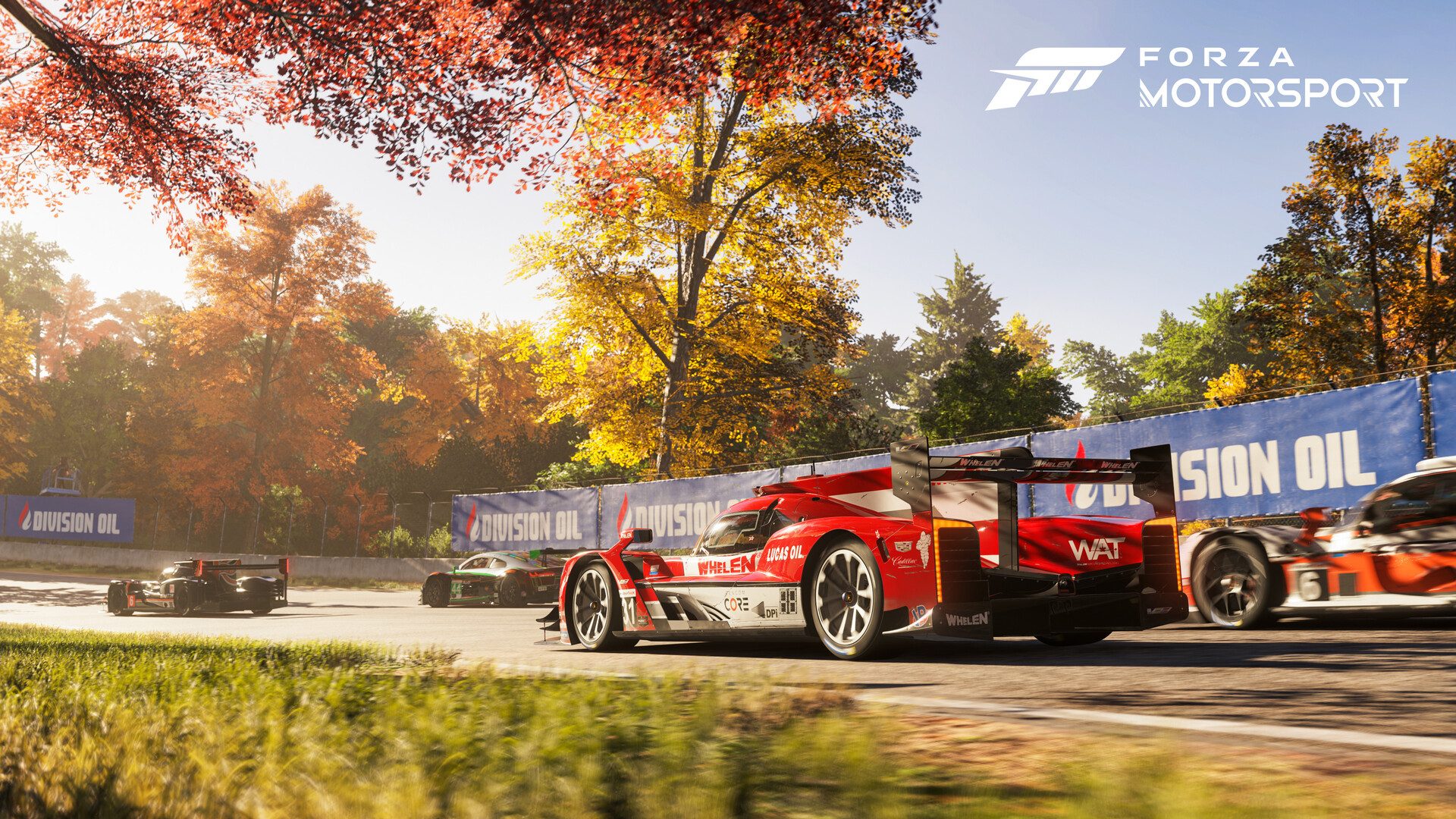 Forza Motorsport - Xbox Showcase 2022: Maple Valley racing action. This shot shows some nice example of transmissive materials and the variety of assets that go into a scene.