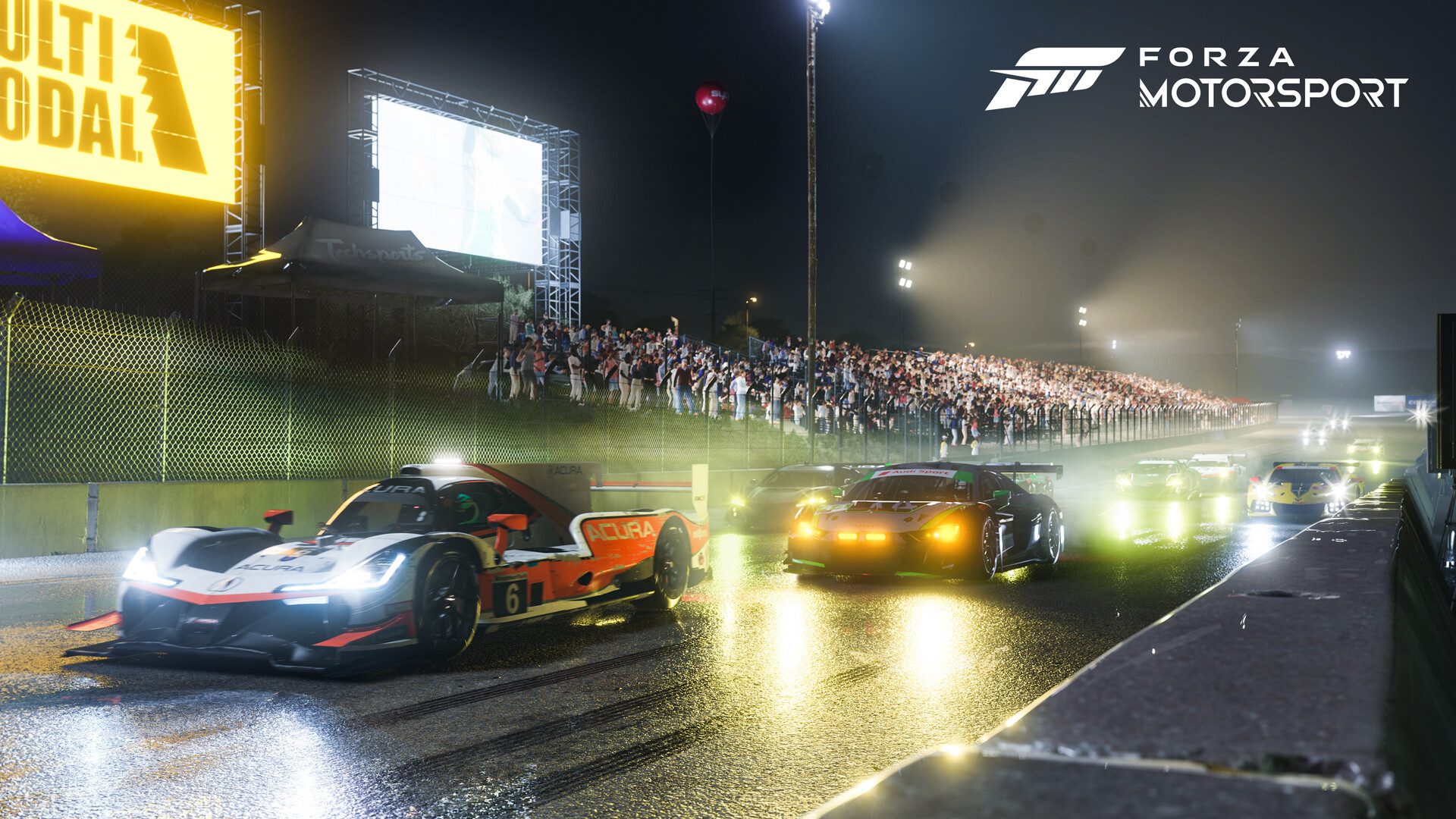 Forza Motorsport - Xbox Showcase 2022: Laguna Seca at night with some wet conditions. I worked on adding the rain/wet functionality to the track side shaders so all surfaces conve