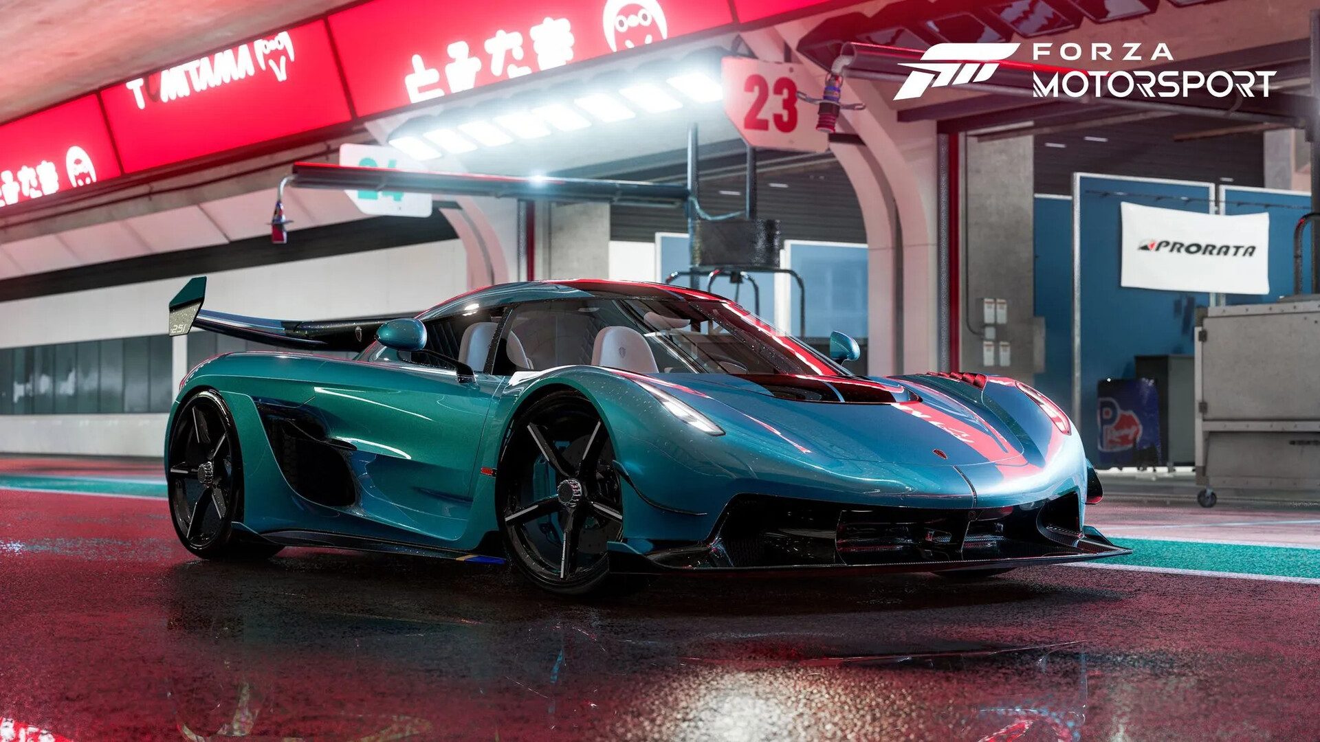 Forza Motorsport - Xbox Showcase 2022: A shot in the pits in the new Japanese track, Hakone GP. Some wet surfaces to help show the effects of ray tracing.