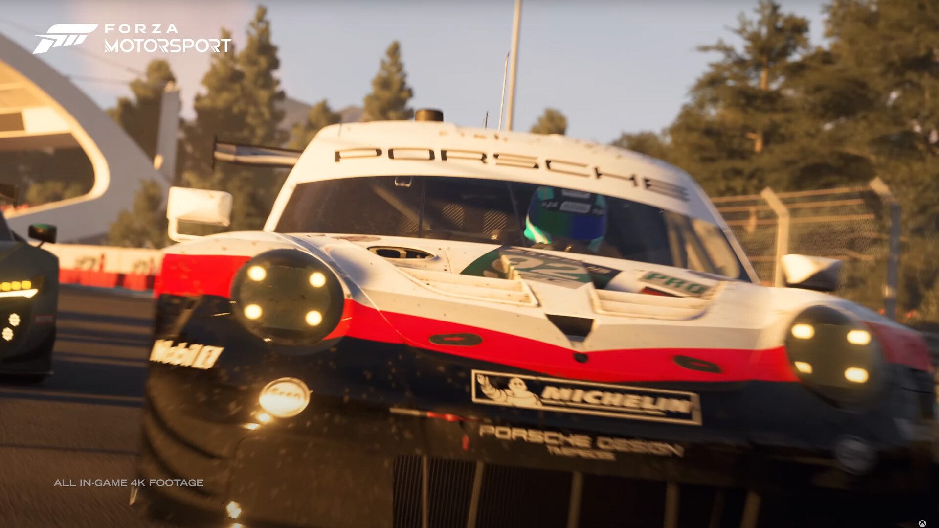 Forza Motorsport - Xbox Showcase 2022: The new oil splatter on the front bumper of the Porsche. This is generated via the same Substance graph setup as dirt and wear but this one 