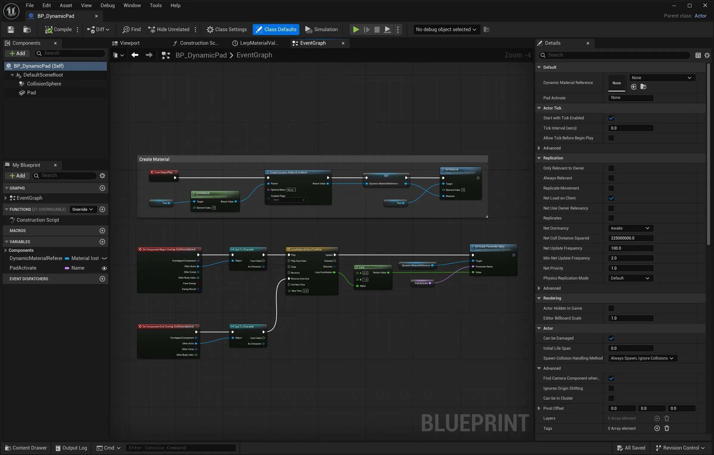 Procedural ARPG Style Environment: Blueprint graph - When the player enters the pad the emissive material is enabled.