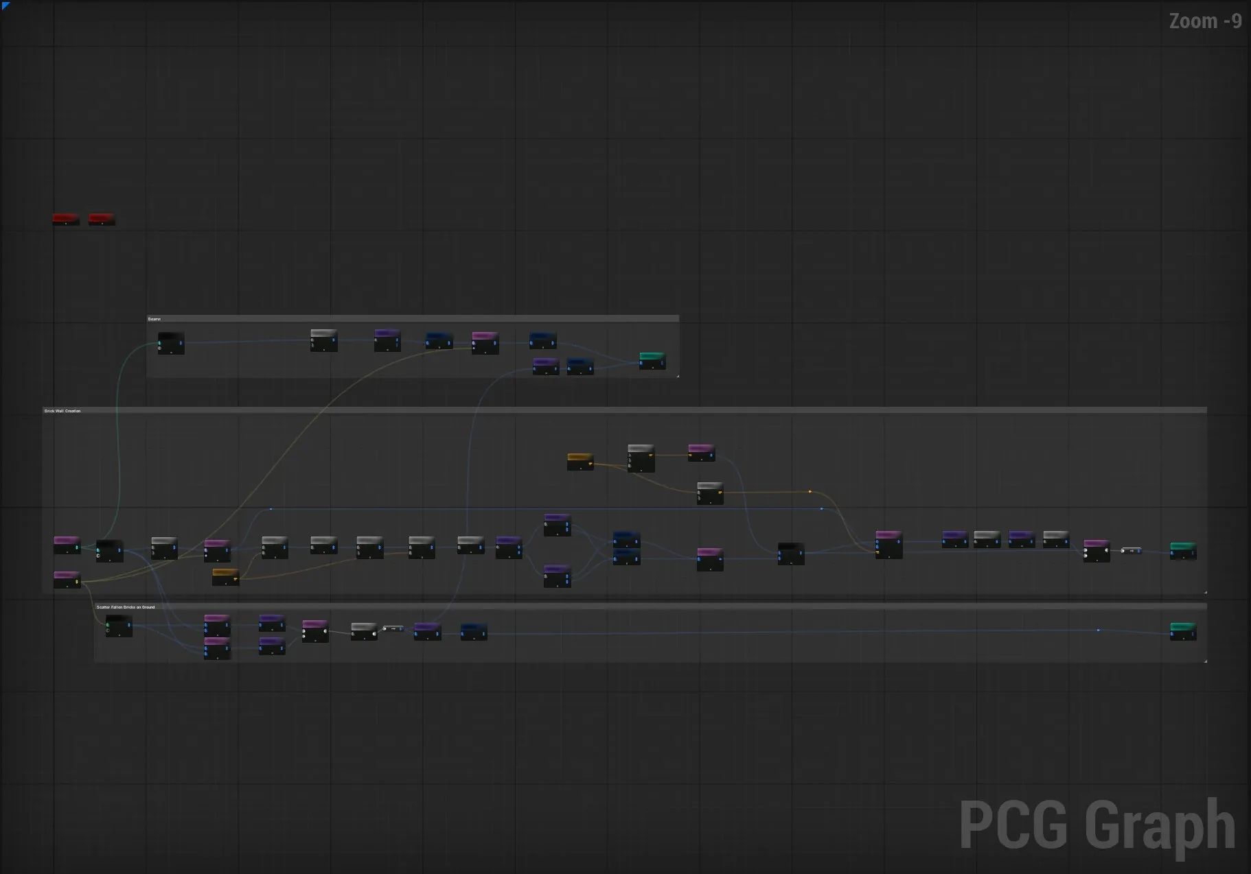 Procedural ARPG Style Environment: PCG Graph - This is the brick wall and wood pillar setup for the destroyed structures. It uses a spline and adds and offsets points for the 